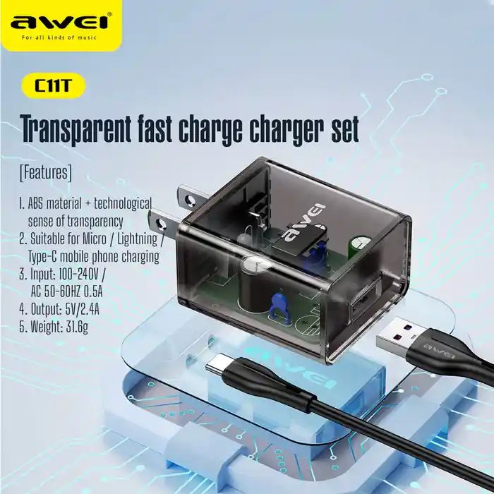 Awei C11T Fast Charging Transparent Adapter with Type-C Cable